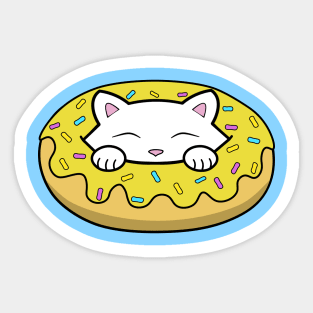 Cute white kitten eating a big yellow doughnut with sprinkles on top of it Sticker